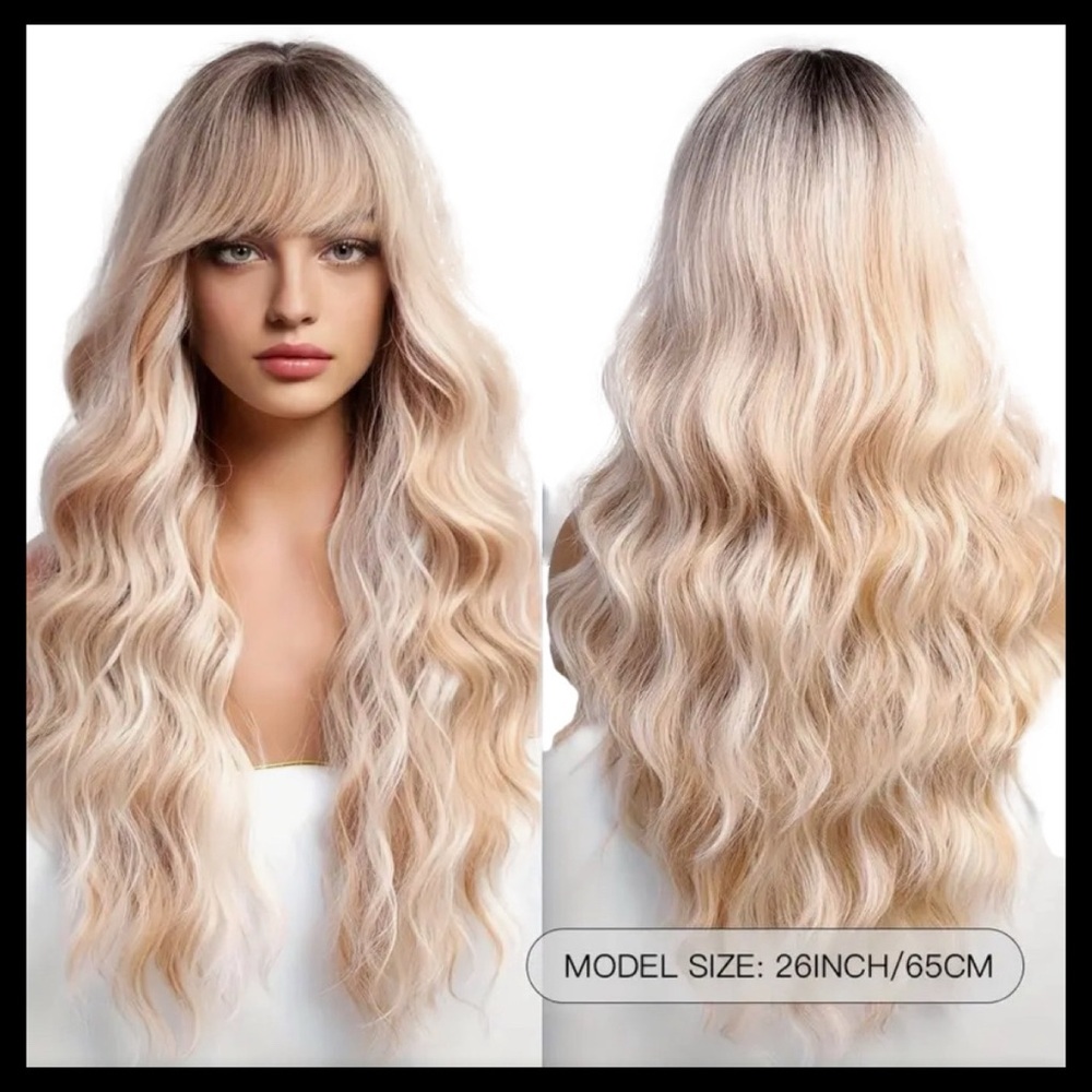 LUXURIOUS HAIR 26” Long Curly Wavy Wig with Bangs Light Golden High Quality